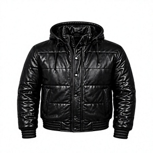 Blouson matelassé en cuir pour homme avec options de col en tricot et capuche, coloris noir et marron, fermeture éclair sur le devant, hiver - Product Image 1