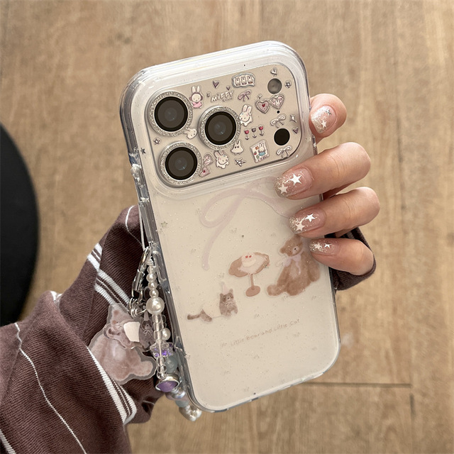 Korean Cute Bow Panda Cat Pattern Double Layer Shockproof PU Leather & Acrylic Phone Case for 13/14/15 Series