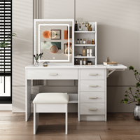Coiffeuse blanche avec miroir et éclairage pour le maquillage, ensemble table et chaise avec 3 couleurs d'éclairage réglables, 5 tiroirs