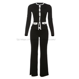 Conjunto Casual de 2 Piezas para Mujer, Otoño, Cuello Redondo, Botones, Bloques de Color, Cárdigan de Manga Larga y Pantalones de Cintura Alta - Product Image 3