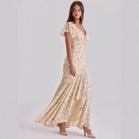 Robe longue élégante à col en V et motif floral pour femme, nouvelle collection été 2026, style rétro à manches courtes