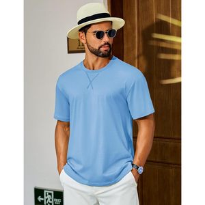 Cotrasen เสื้อยืดลำลองผู้ชาย, เสื้อยืดลำลองคอตตอนใส่สบายทรงหลวมเสื้อฤดูร้อนมีลายสีพื้นดีไซน์เปิดไหล่ - Product Image 1