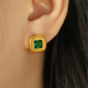 Winter French Retro Square Stud <b>Earrings</b> 18k Plated Black <b>Green</b> Glass Stones Geometric Design For Women - Product Image 3