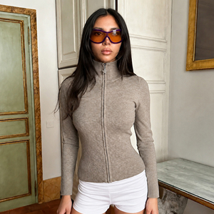 Cárdigan de punto de color liso con cuello alto, detalle de cremallera de estrella, ajuste ceñido, estilo europeo-americano, minimalista, versátil, suéter casual - Product Image 1