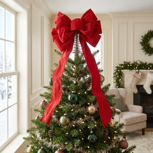 Couronne de Noël en velours rouge multi-boucles pour le sommet de l'arbre, décoration élégante pour les fêtes de fin d'année à la maison - Product Image 1