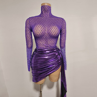 Robe moulante sexy violette à col roulé et strass pour femme, manches longues, en maille transparente, métallisée, froncée, mini-robe de soirée et de club