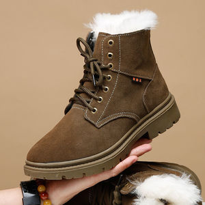 Men's Winter <b>Wool</b> Lined Leather Snow Boots <b>Brown</b> Mid Heel Non Slip Outdoor Work Boots - Product Image 1