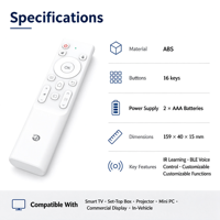 Télécommande intelligente 16 touches avec commande vocale BLE et apprentissage IR, télécommande sans fil pour systèmes audio-vidéo embarqués OEM ODM