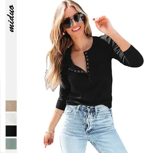 New Fall Styles Lady Clothes Pure Color Ribbed Knit T Shirt Soft Button Long Sleeve Fall Tops Womens White Blouse