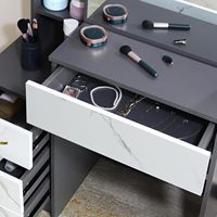 Table de maquillage moderne bureau 4 tiroirs 3 ouverts 3 étagères cachées gris foncé blanc coiffeuse miroir tabouret pour chambre salon