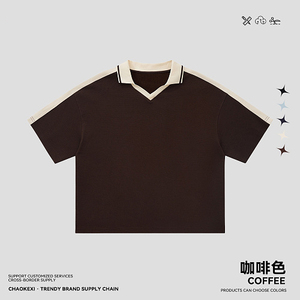 เสื้อโปโลวินเทจ 330 กรัม ผ้าลายวาฟเฟิล แต่งเทปตัดต่อ คอวี สไตล์ลำลอง มี 5 สี  ขั้นต่ำในการสั่งซื้อน้อย รับสั่งทำ - Product Image 4
