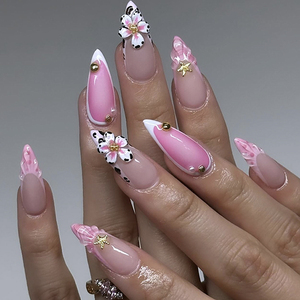 Faux ongles imprimés léopard français 3D avec pointes en diamant, dégradé, perles et strass pour manucure - Product Image 5