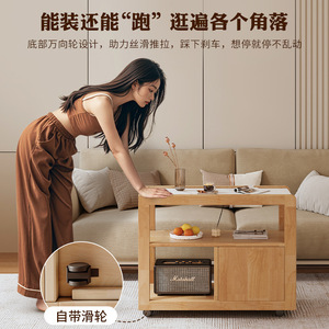 <b>Solid</b> <b>Wood</b> Side <b>Table</b> With Wheels Marble <b>Top</b> Multifunctional Living Room Coffee <b>Table</b> Storage Cabinet Small Mobile Trolley - Product Image 2