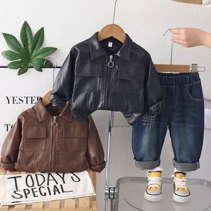 2026 New Boys Spring Autumn Clothing Set Stylish Lapel Faux <strong>Leather</strong> <strong>Jacket</strong> With Square Pocket Two Piece Outfits for Baby Kids - Product Image 1
