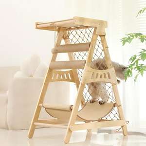Torre de Actividades para Gatos de Madera Sólida, Árbol para Gatos Multifuncional con Red de Escalada, Postes para Rascar, Hamaca y Percha - Product Image 3