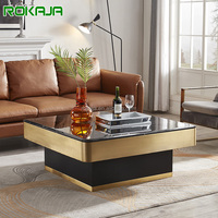 Table basse carrée de style simple Table centrale de salon de bureau de surface en verre trempé à bord enveloppé d'acier inoxydable plaqué or