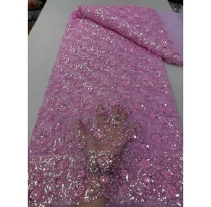 Tissu de mariage en dentelle française fait main, écologique, en polyester, avec des détails brodés de paillettes et de perles pour la cérémonie de mariage - Product Image 4