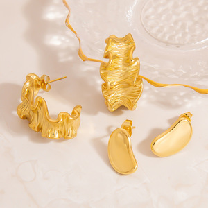 Stud <b>Earrings</b> Irregular Pleated C Shape 18K Gold Color Stainless Steel <b>Post</b> Fashion Jewelry - Product Image 1