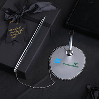 Escritorio de mesa de hotel promocional, soporte de Metal plateado/dorado, bolígrafo, bolígrafo de banco con soporte giratorio
