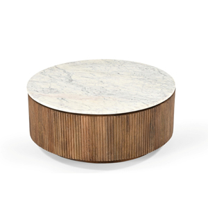 Mesa de Centro Redonda de Madera CNC con Tapa de Mármol Blanco, Nogal Marrón Claro / Madera de Mango con Mármol Blanco / Mármol Blanco - Product Image 1