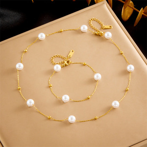 Geometric Pearl Gold Plated Chain Necklace And <b>Bracelet</b> <b>Set</b> For Women Stainless Steel Jewelry Gift <b>Set</b> - Product Image 1