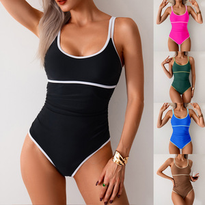 Maillot de bain une pièce pour femme, col rond, séchage rapide, bordure contrastée, vêtements de plage - Product Image 2
