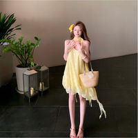 Robe Courte Jaune Vif Irrégulière Tissée à Bretelles Fines, Lavable, Idéale pour les Fêtes en Jardin et l'Usage Quotidien – Prix Usine