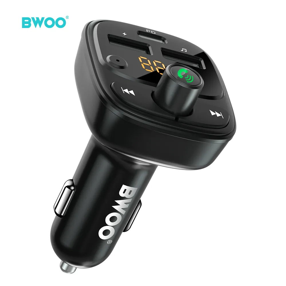 BWOO adaptor pengisi daya di mobil, adaptor pengisi daya dua Port USB Tipe C 30W, tampilan Digital 3A pemancar Fm nirkabel untuk ponsel
