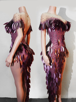 Robe de danse sexy pour groupe de filles, couleur violet ombré, avec plumes 3D, feuilles, strass, maille transparente et fente haute, tenue de scène, Drag Queen
