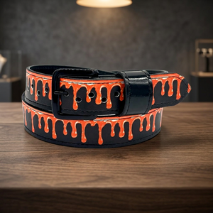 Cinturón de Béisbol de Cuero Vacuno para Halloween, Diseño Casual con Efecto de Goteo Naranja, Hebilla de Doble Punta Plateada, Diseño 3D, Duradero, 42 Pulgadas - Product Image 2