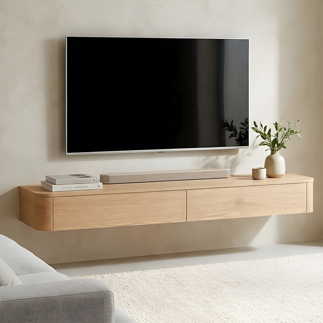 Round Edge Wall Mounted TV Unit Media Console Living Room Wooden Floating Hanging TV Stand Cabinet