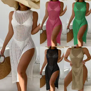 Crochet zhe tığ örgü kolsuz yarık Wrap plaj elbise 2024 yaz kadın seksi örme Beachwear oymak