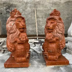 BLVE Outdoor Natural Stone Animal Sculptures Hand Carved Red Marble Sitting Lions Statue In Stock