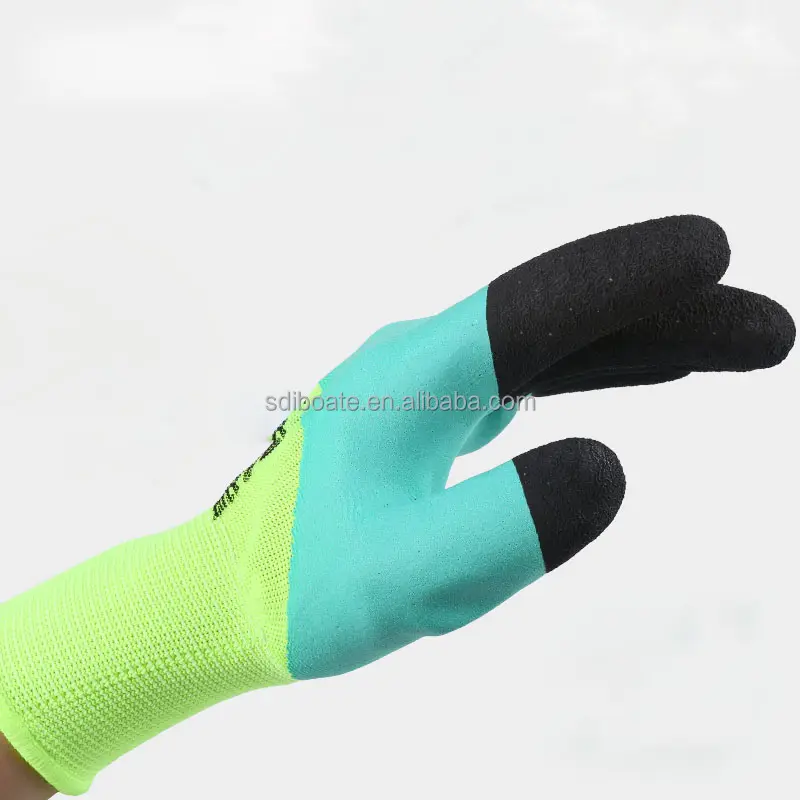 中国製グリーン13ゲージナイロンニット作業用手袋、指のフォームラテックスパームチップでコーティングして補強