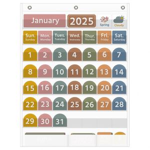 Calendrier de classe de janvier 2025 avec pochettes, jours colorés et cartes éducatives pour l'apprentissage des enfants et l'utilisation par les enseignants - Product Image 1