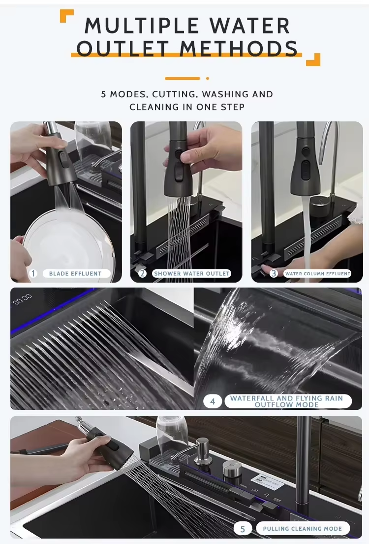 2026 New Design 304 Stainless Steel Single Bowl Nano Black Waterfall Smart Kitchen Sink with Cutting Board Set · image 2