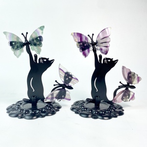 Farfalla in Pietra Preziosa con Due Paia di Ali <span class=keywords><strong>e</strong></span> Supporto a Forma di Gatto Nero, Articolo in Cristallo per Decorazione <span class=keywords><strong>e</strong></span> Regalo - Product Image 4