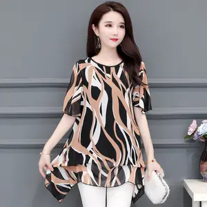blusas de mediana edad Suppliers-Women's Clothing Long O Neck Blusas Loose 2021 New Printed Summer Mother Middle-aged Women's blouse shirt Chiffon Short-Sleeved
