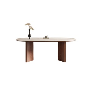Ensemble table et chaises ovales en travertin, 6 pièces, meubles de salle à manger en bois de noyer massif, structure durable en cadre rigide - Product Image 5