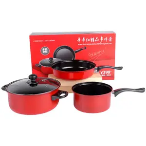 MU nouvelle batterie de cuisine rouge trois pièces ensemble quatre pièces costume plat antiadhésif poêle wok soupe pot cadeaux promotionnels en gros