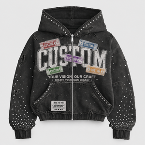 Wholesale Acid Wash Zip Up <b>Hoodie</b> Heavyweight Rhinestone Graphic Patch Distressed Cropped Boxy Streetwear Custom Logo Men <b>Hoodie</b> - Product Image 2