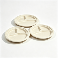 Assiettes jetables rondes en pulpe de bagasse de canne à sucre, 3 compartiments, 9 pouces, qualité alimentaire, personnalisables avec logo, prix usine