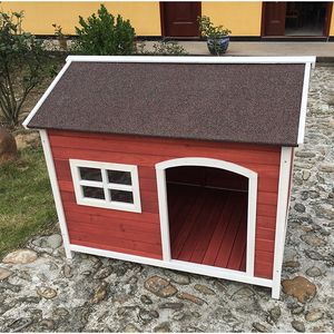 บ้านสุนัขไม้เนื้อแข็งหรูหรา SDD008 พร้อมหลังคาแอสฟัลต์ สไตล์วิลล่าคลาสสิก หน้าต่างตกแต่ง สีแดงขาว สำหรับสุนัขพันธุ์ใหญ่ - Product Image 4