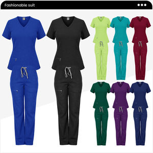 Women V-Neck <b>Scrub</b> Set <b>Blue</b> Two Piece Uniform With Zipper Pockets Moisture Wicking Knitted Fabric Hospital Workwear - Product Image 2