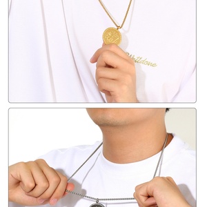 Collier pendentif islamique en acier inoxydable plaqué or, forme ronde, bijoux musulmans Allah - Product Image 5