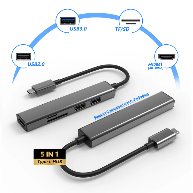 Factory 5 Port Type C Hub HDTV 4K PD100W USB-C Docking Station USB 3.0 Splitter for Laptop
