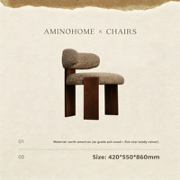 Chaise de salle à manger en bois de frêne de style artistique, recouverte de laine d'agneau vintage, confortable pour une assise prolongée, adaptée pour