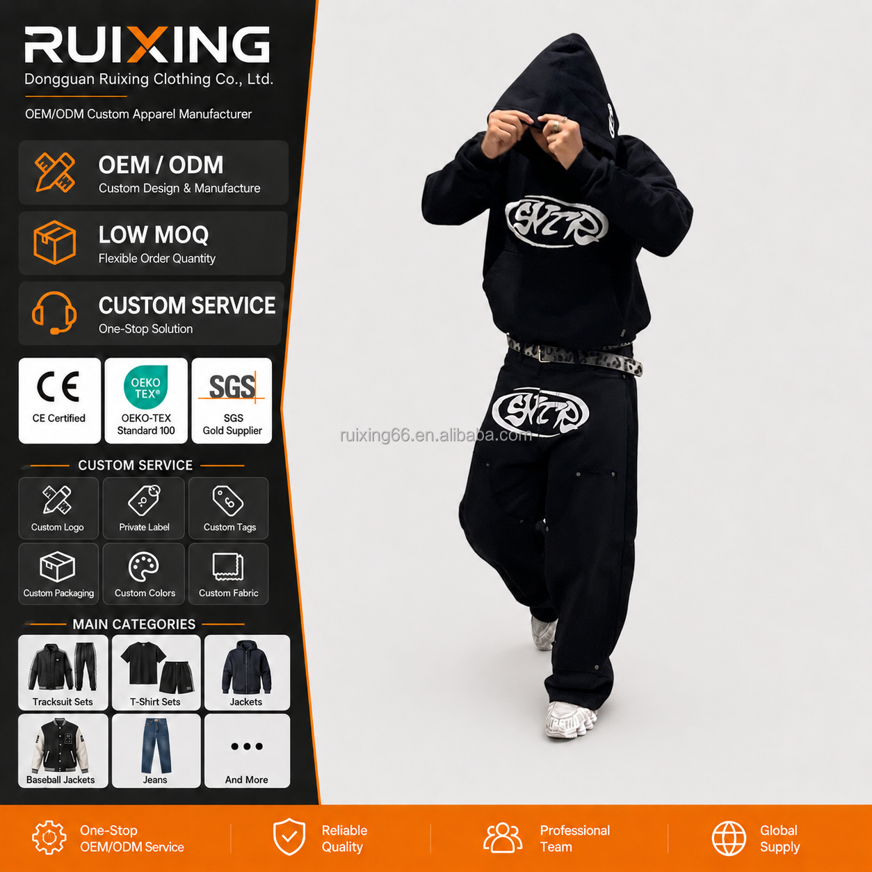 Vintage Y2K Men Black Hoodie and Pants Set Baggy Wide Leg Trousers Oversized Graphic Print Streetwear Tracksuit Custom Logo