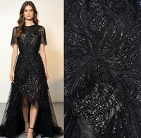 Tissu en dentelle de maille noire lourde à sequins et perles, motif floral lotus, pour Abaya, Kaftan, Robe Dubaï Moyen-Orient, vendu au mètre, plusieurs couleurs, livraison rapide