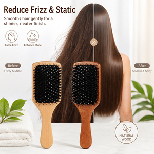 Natural Sapele Wood Boar Bristle Air Cushion Paddle Hairbrush Anti-Static <strong>Scalp</strong> <strong>Massager</strong> OEM Manufacture - Product Image 5